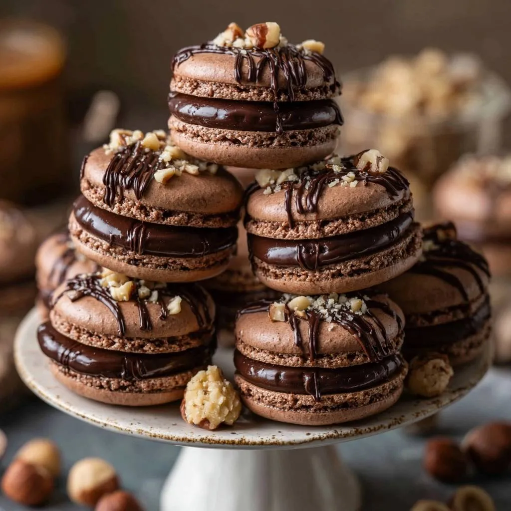 Chocolate hazelnut macarons stacked on a white cake stand, drizzled with chocolate and topped with chopped hazelnuts.