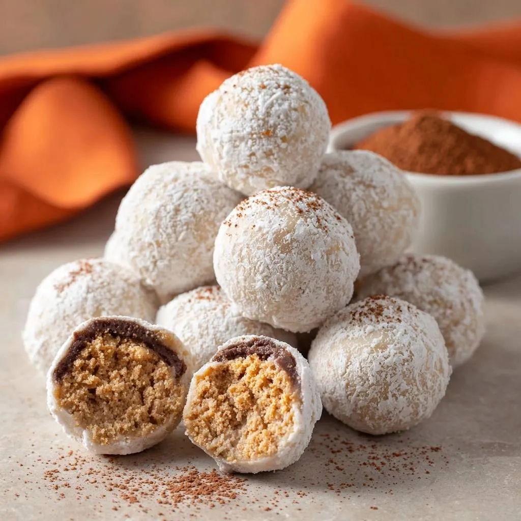 Gooey Chocolate Hazelnut Snowballs recipe shown in a close-up cross-section displaying the rich interior.