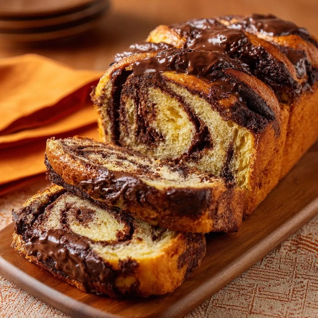 Chocolate marble loaf cake cross-section showing the sink-proof swirl technique and rich chocolate filling.