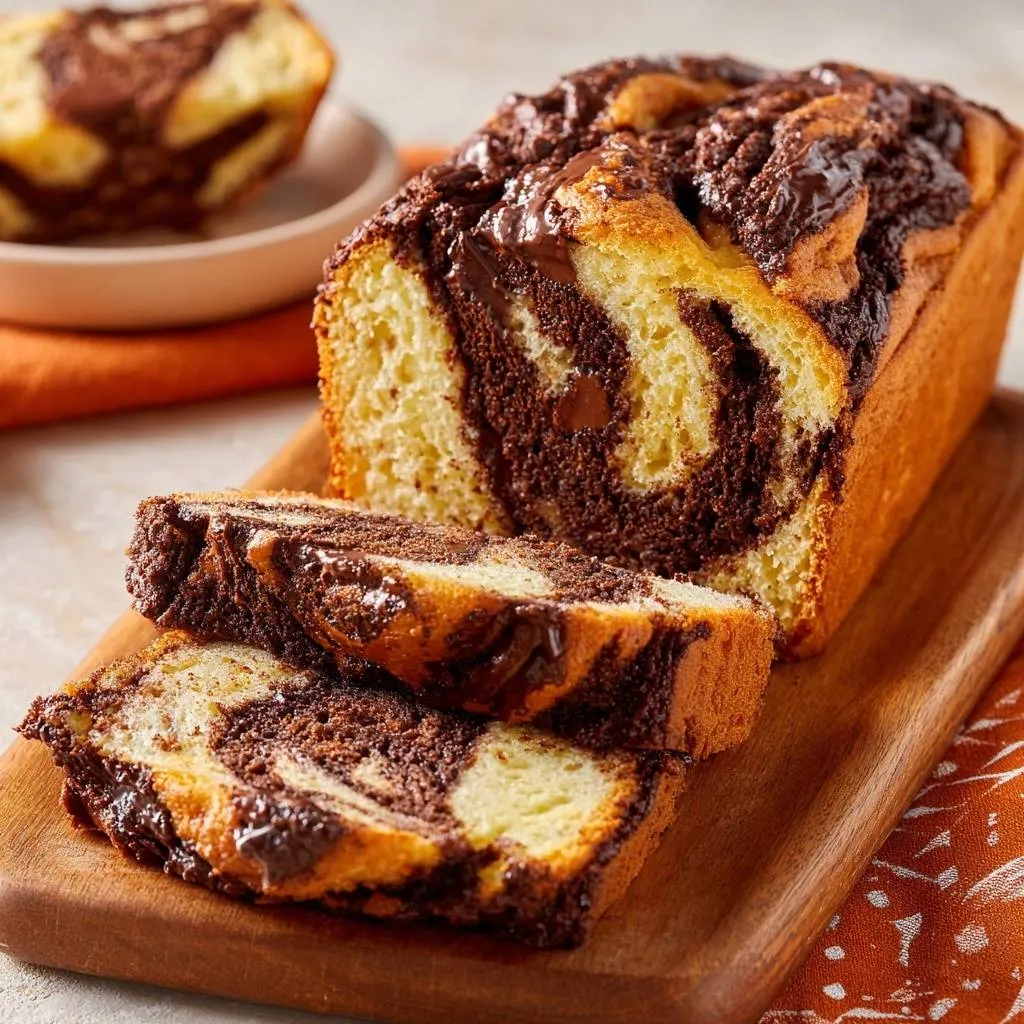 Chocolate marble loaf cake sliced to reveal a cross-section of the sink-proof swirl technique on a wooden board.