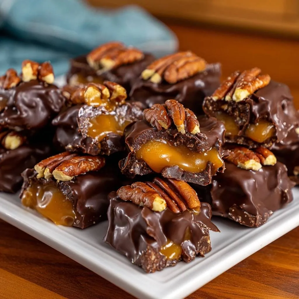Chocolate pecan turtles with chewy caramel mastery shown in a close-up cross-section revealing the gooey center and pecan topping.