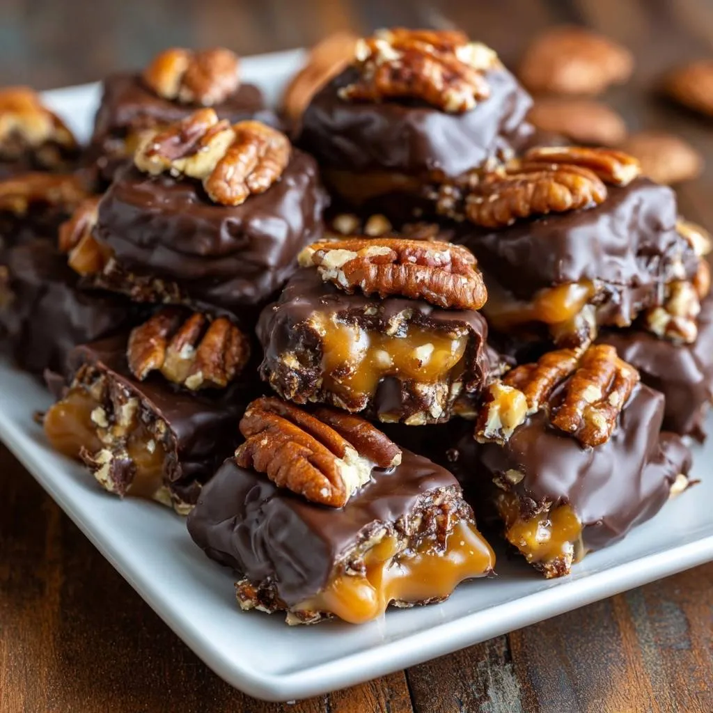 Chocolate Pecan Turtles with chewy caramel mastery shown in a close-up cross-section revealing the gooey interior.