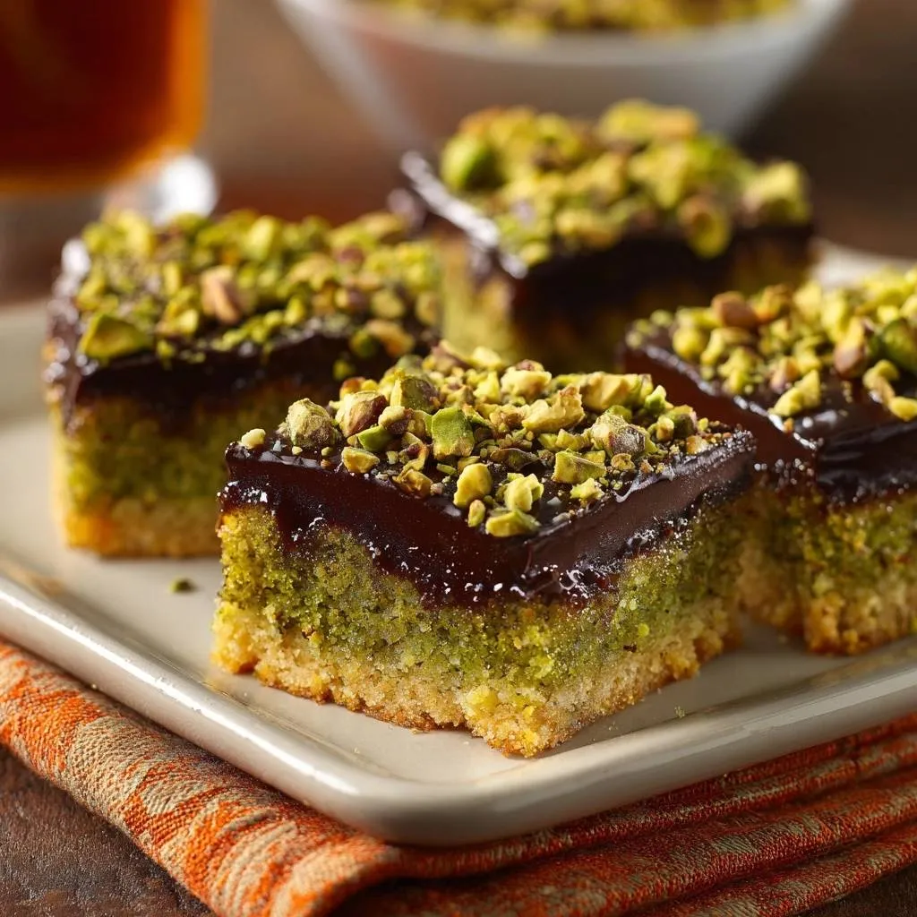 Chocolate pistachio bars with a close-up cross-section showing moist layers and a rich ganache topping.