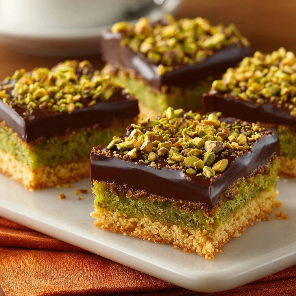Chocolate pistachio bars showing a detailed cross-section with layers of cake, ganache, and chopped pistachios.