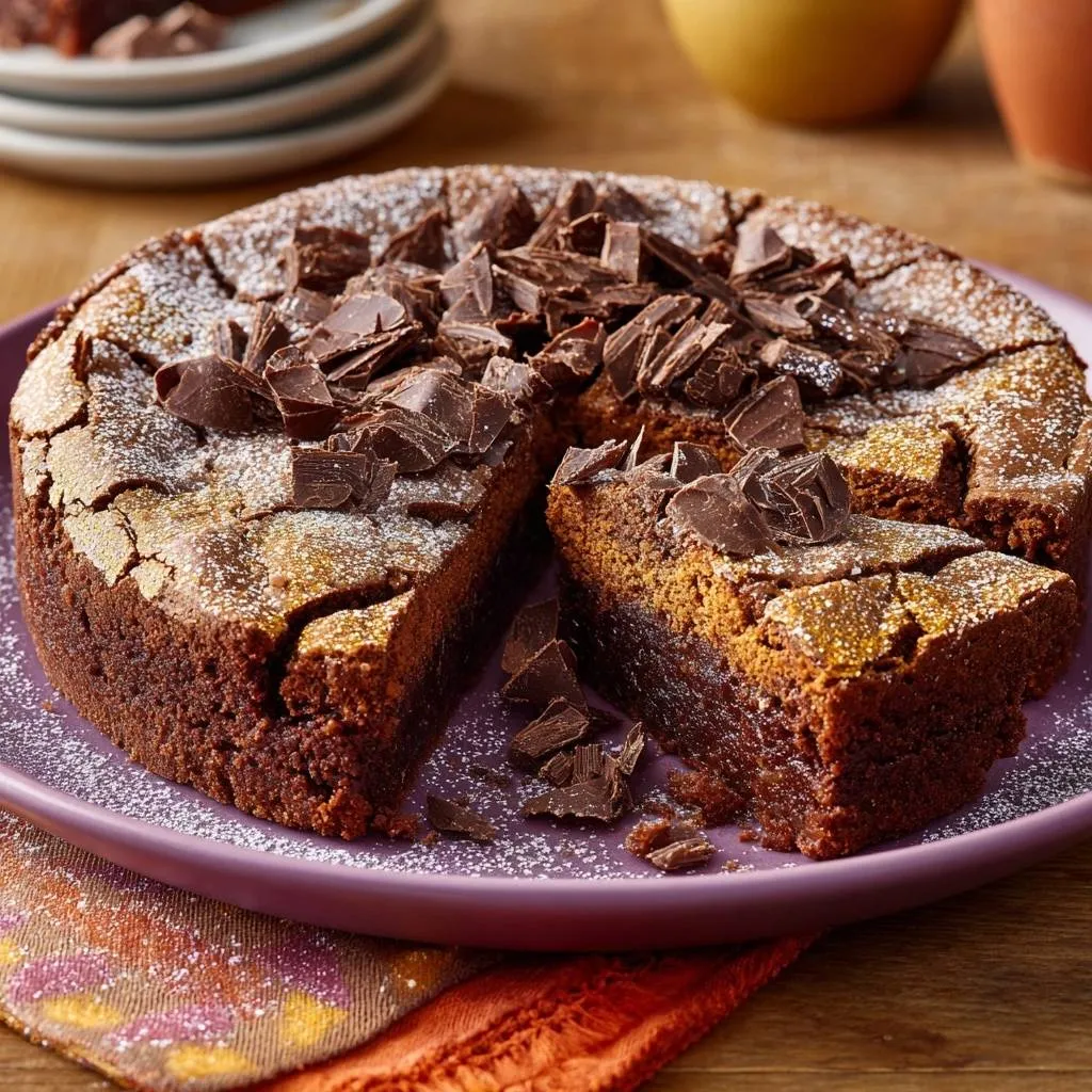 Chocolate pumpkin cake, a slice revealing its fluffy and moist interior, topped with chocolate shavings.