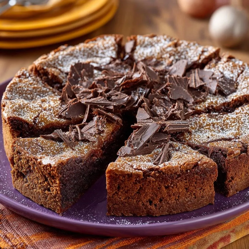 Chocolate pumpkin cake sliced on a purple plate, dusted with powdered sugar and topped with chocolate shavings.
