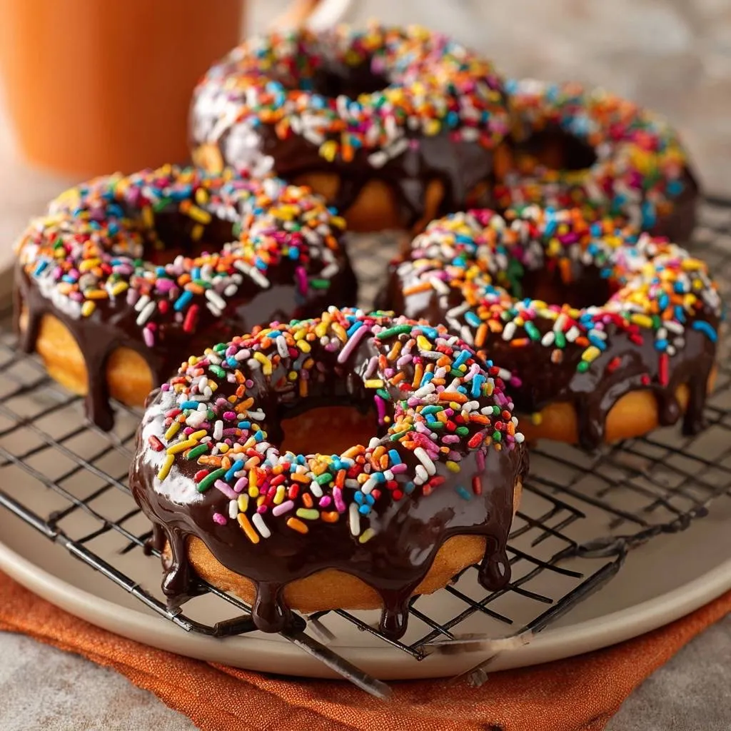 Chocolate sprinkle donuts cooling on a rack, showcasing their glossy chocolate glaze and colorful toppings.