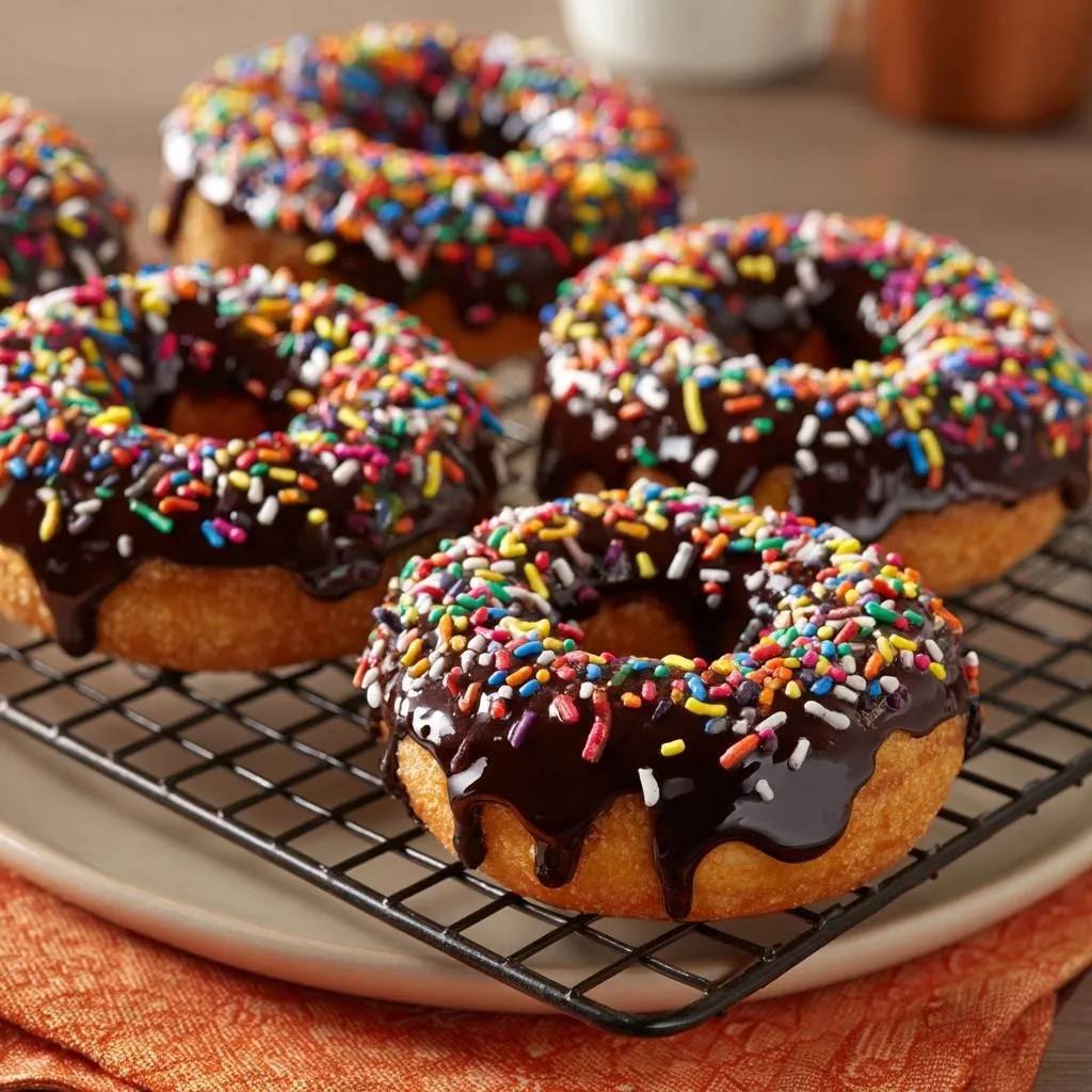 Chocolate sprinkle donuts cooling on a wire rack, showcasing their glossy chocolate glaze and colorful topping.