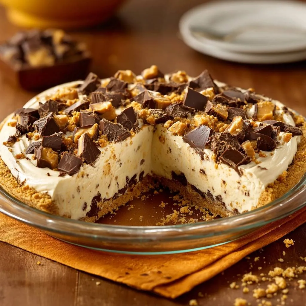 The Ultimate Chocolate Toffee Cream Pie cross-section showing layers of creamy filling and chocolate toffee pieces.