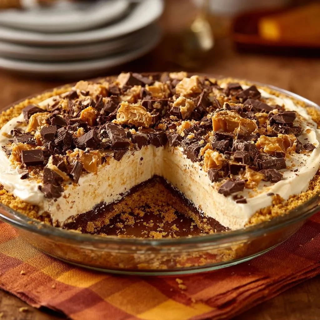 The Ultimate Chocolate Toffee Cream Pie shown in a glass dish with a slice removed, revealing its creamy interior and chocolate toffee topping.