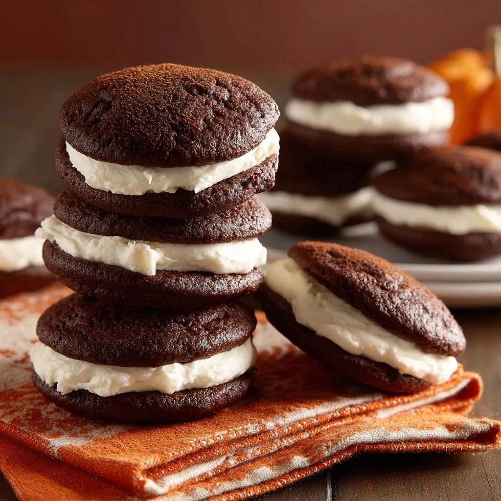Classic chocolate whoopie pies stacked high, showcasing a generous, stable cream filling detail.