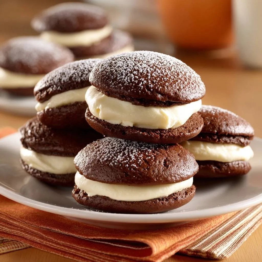 Chocolate whoopie pies with perfect domes stacked on a white plate, dusted with powdered sugar.