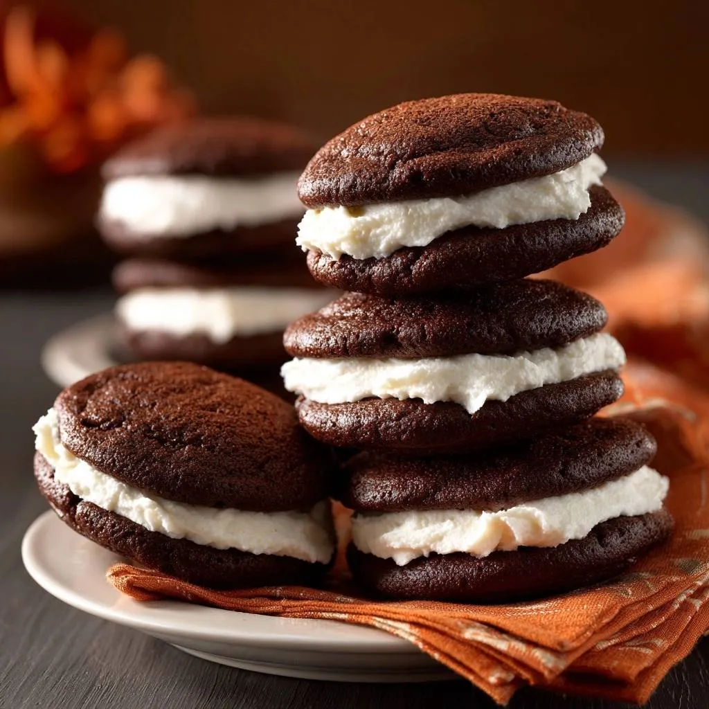 Classic chocolate whoopie pies are stacked on a white plate with an orange napkin, showing a close-up detail.