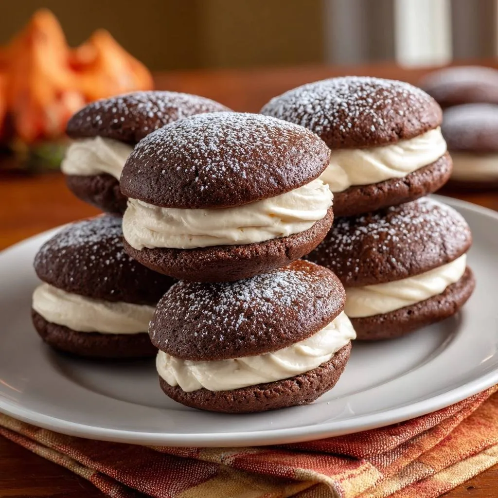 Chocolate whoopie pies with perfect domes stacked on a white plate, dusted with powdered sugar.