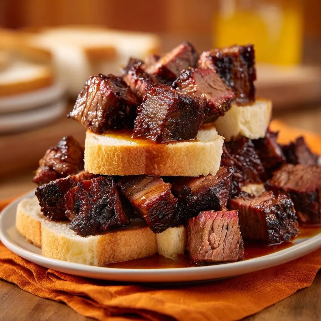 Chopped BBQ brisket stacks piled high on slices of white bread, showcasing a tender oven method.