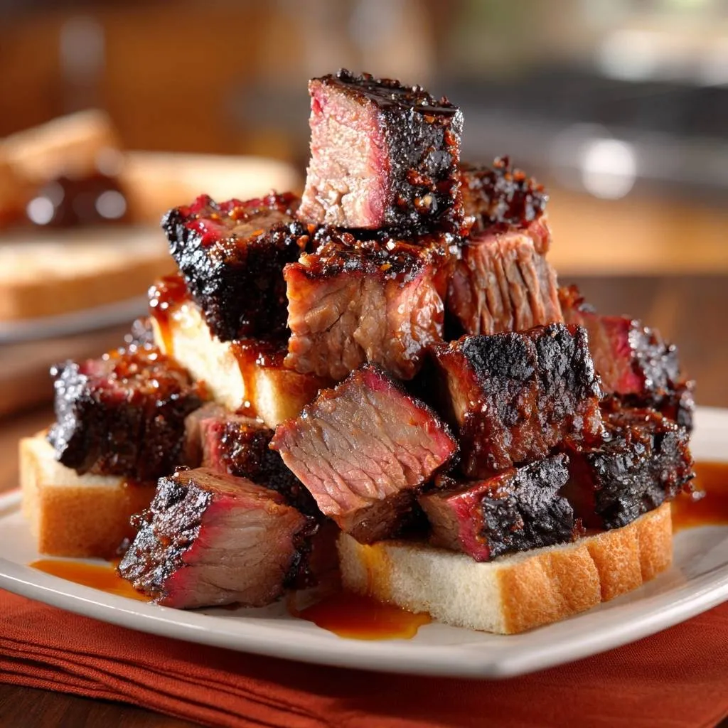 Chopped BBQ brisket stacks piled high on white toast with a glistening sauce, showcasing a tender interior.
