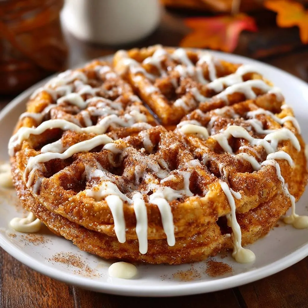Cinnamon sugar churro waffles drizzled with white icing and topped with cinnamon sugar.