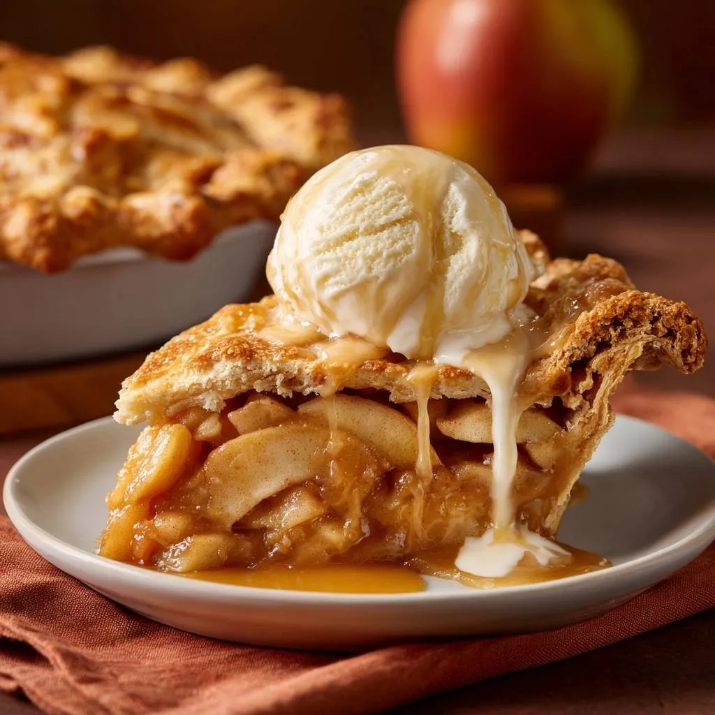 Classic apple pie slice with melting ice cream and caramel sauce on a plate.