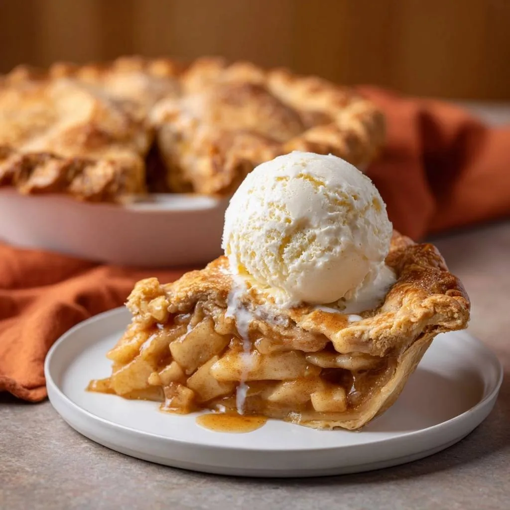 Classic apple pie slice with a scoop of melting vanilla ice cream on top, showing the apple filling.