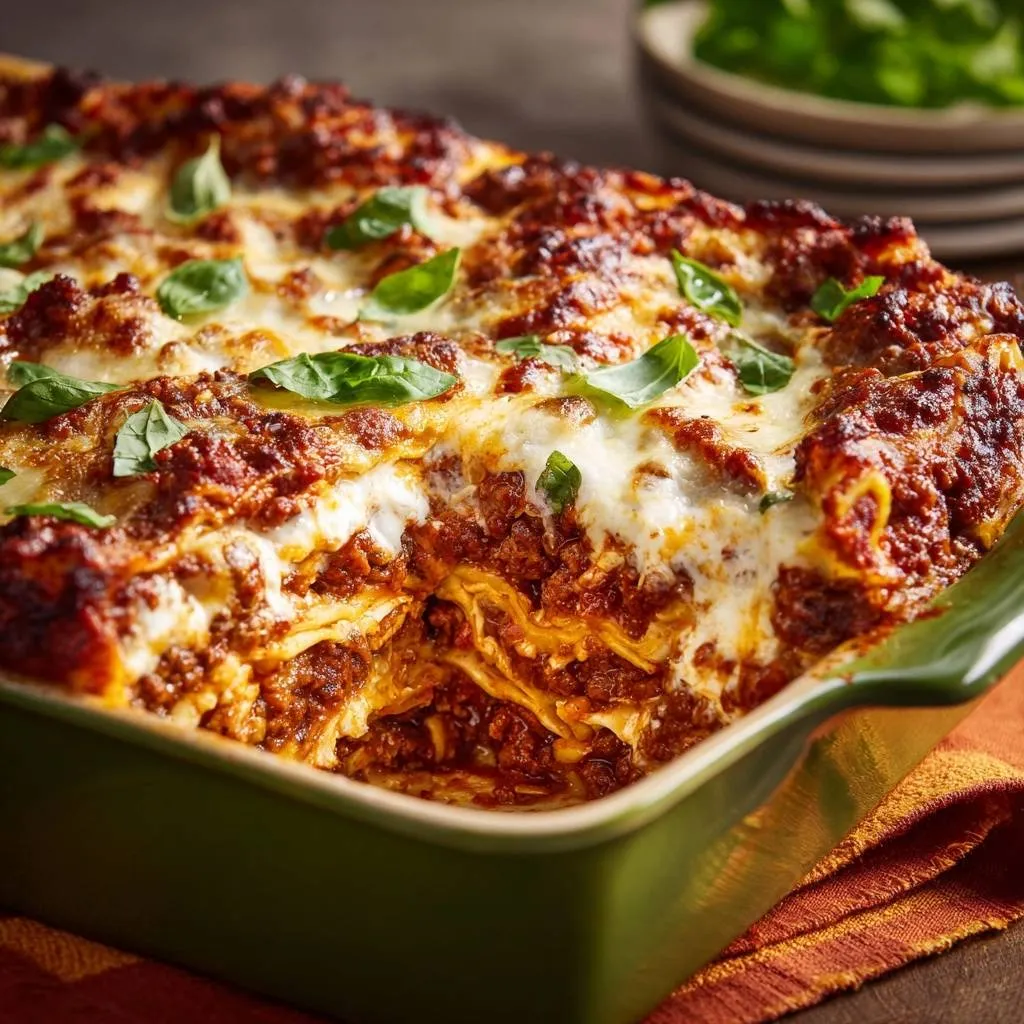 Classic beef lasagna with firm layers shown in a close-up cross-section revealing its layered structure.
