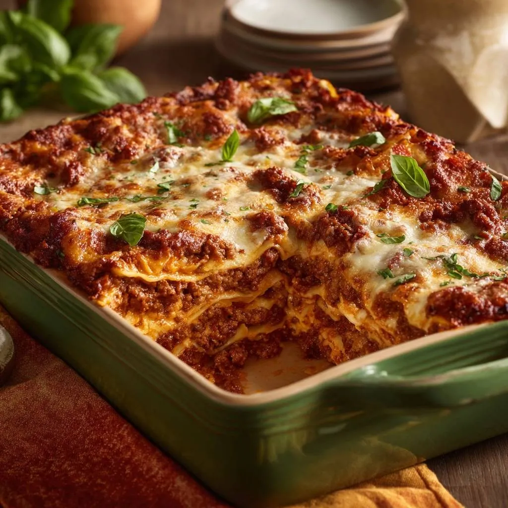 Classic beef lasagna with firm layers shown in a cross-section, highlighting its distinct layers.
