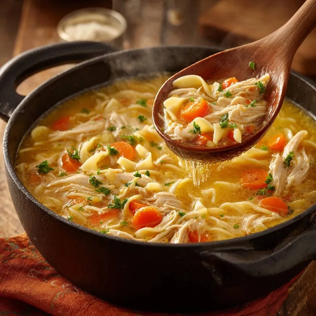 Classic chicken noodle soup with firm noodles being served from a pot with a wooden spoon.