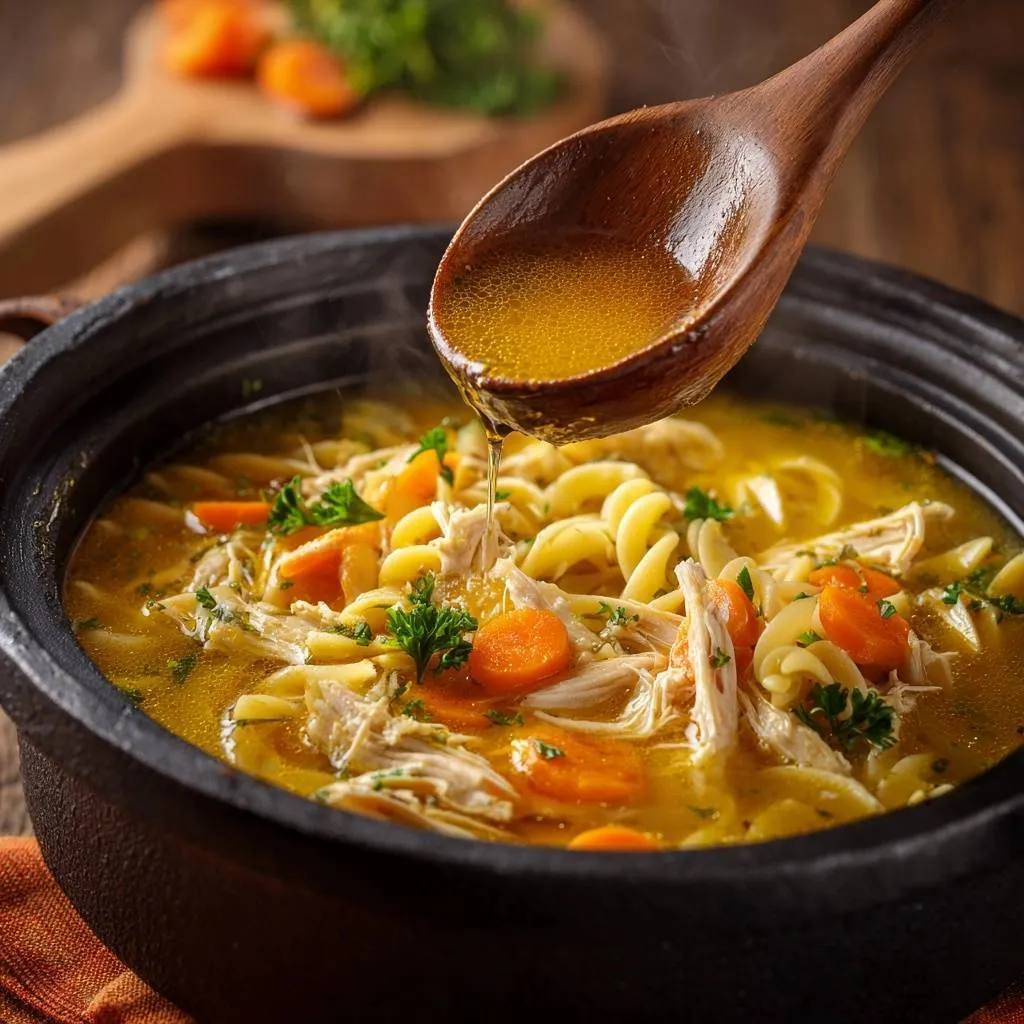 Classic Chicken Noodle Soup with Firm Noodles, with a spoonful of broth being ladled from the pot.