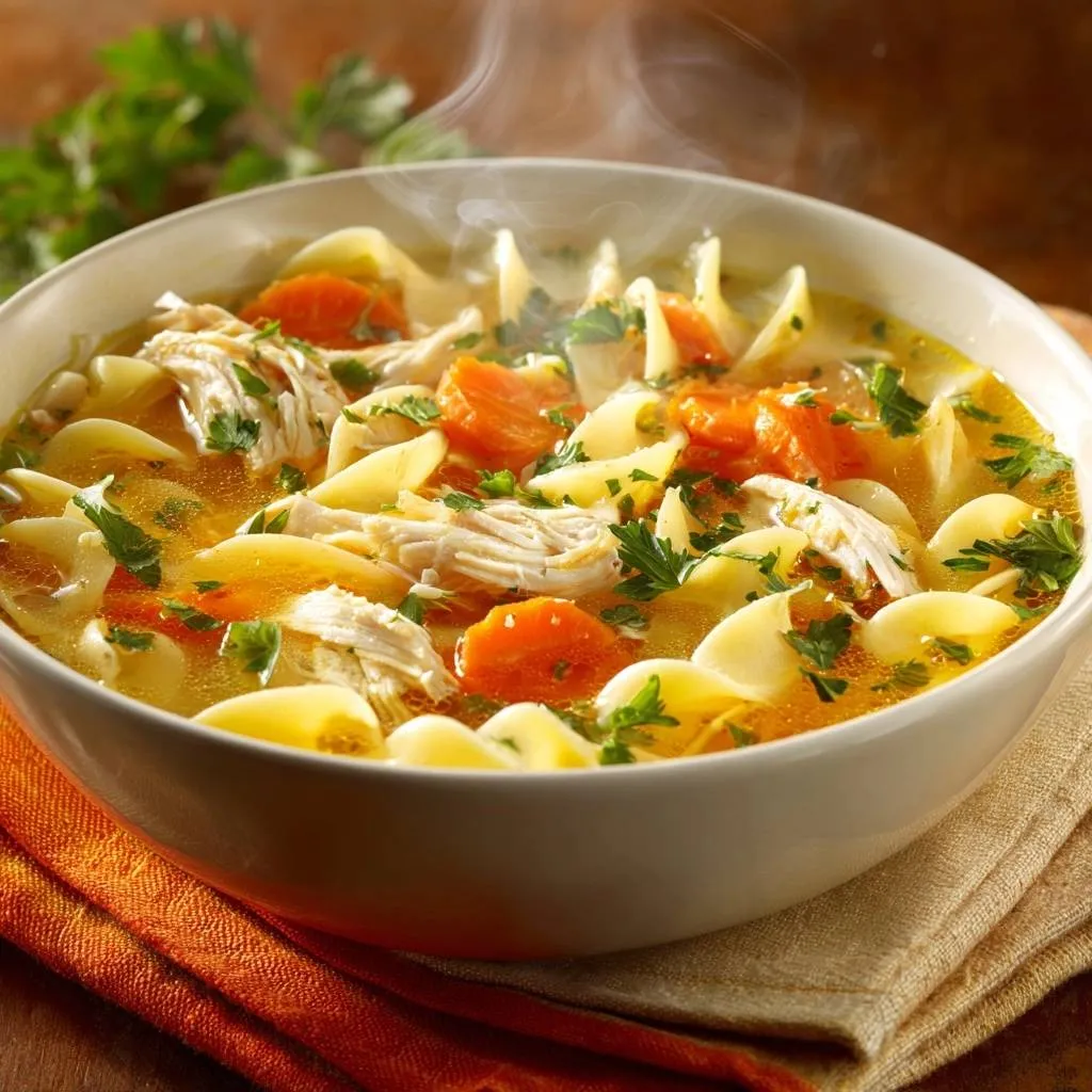 Classic chicken noodle soup with firm noodles served steaming in a white bowl, garnished with fresh parsley.