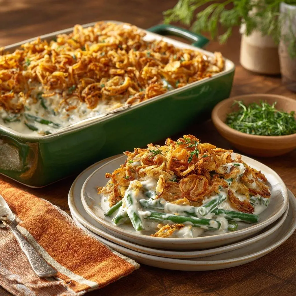Classic green bean casserole with a golden fried onion topping served on a plate.