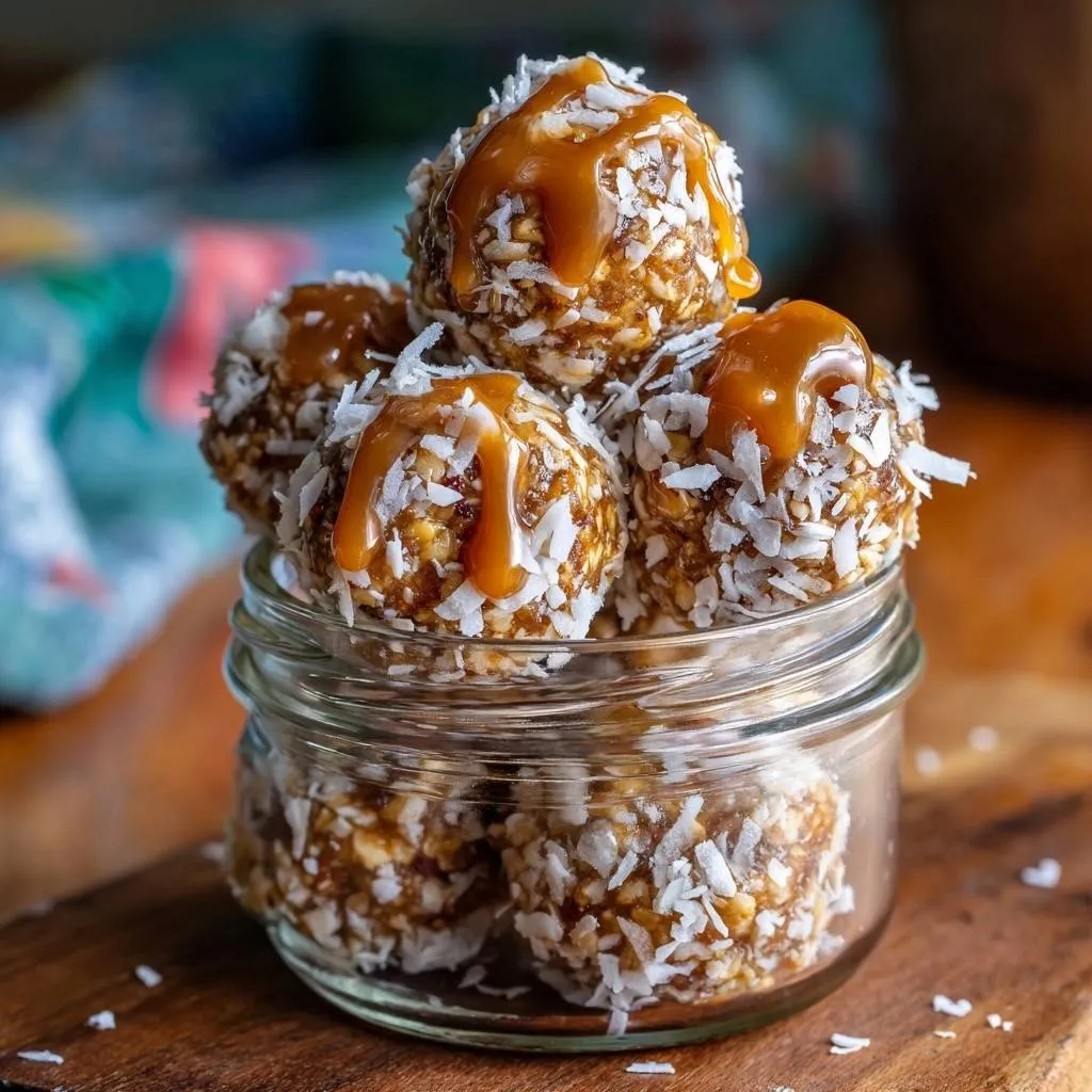 Coconut caramel energy balls drizzled with caramel sauce and rolled in coconut, stacked inside a glass jar.