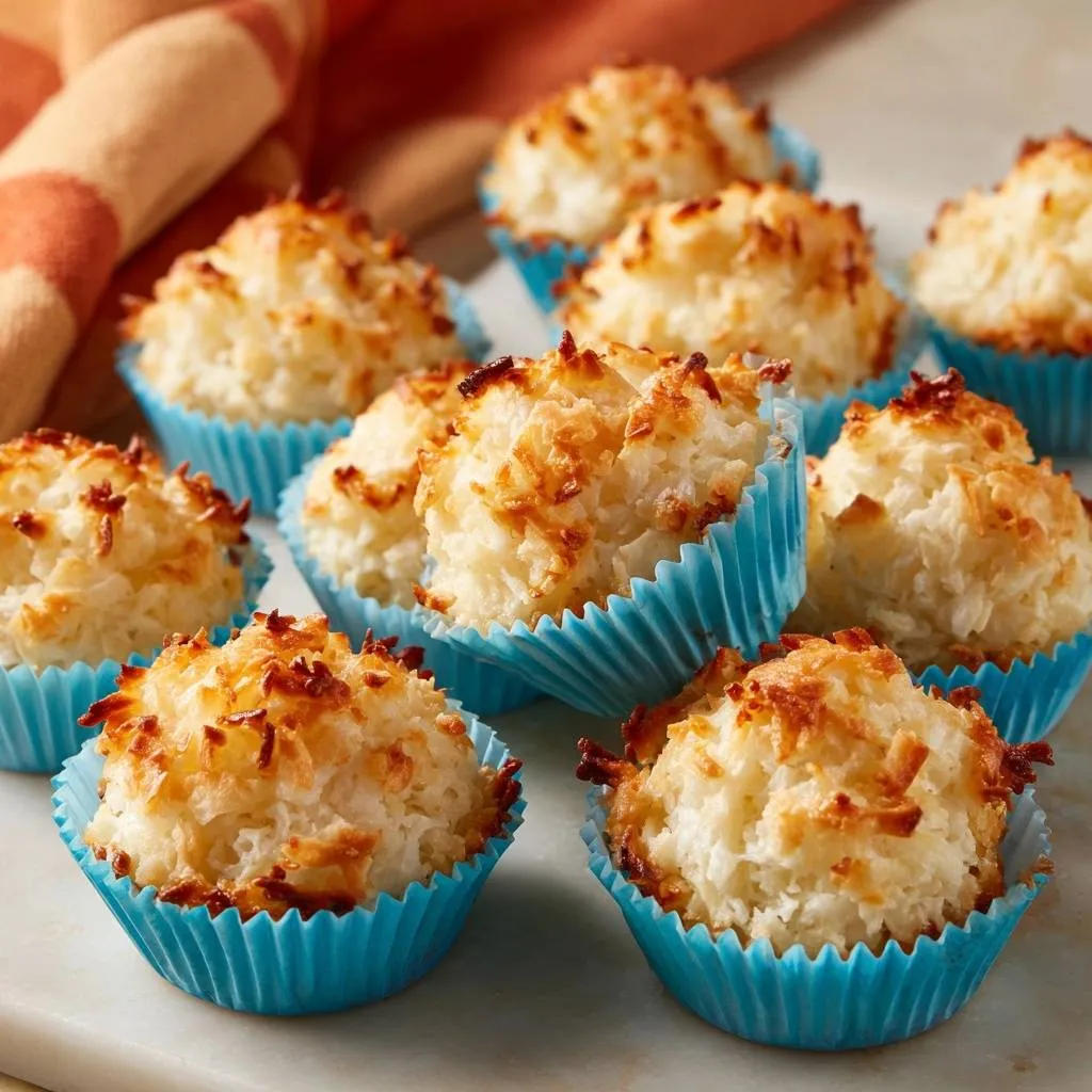 Perfect coconut macaroons baked in bright blue paper cups, showing toasted coconut texture and golden edges.