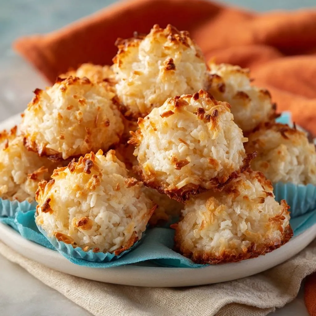 Perfect coconut macaroons showing their shredded coconut texture and golden-brown toasted edges in a close-up view.