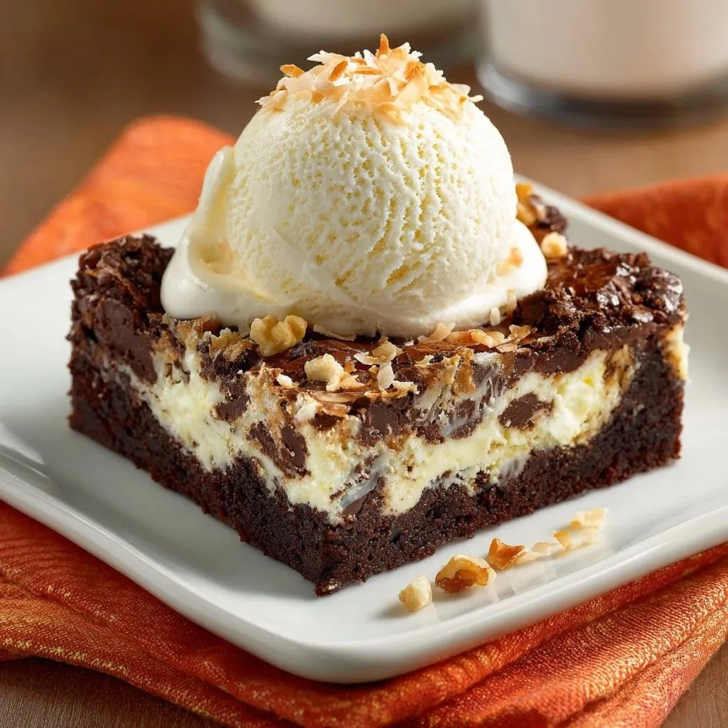 Coconut walnut cheesecake brownies served as a slice with ice cream and toasted coconut topping.