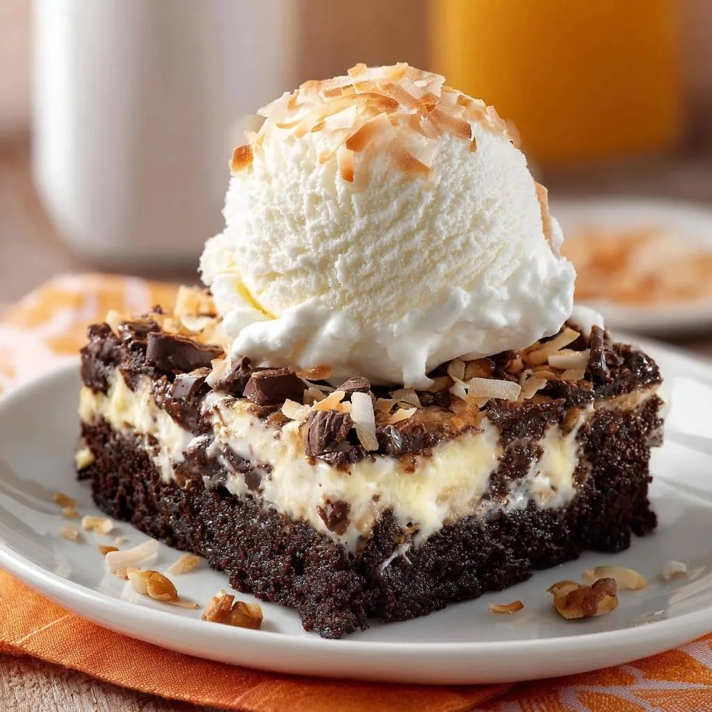Coconut walnut cheesecake brownies served as a single slice topped with vanilla ice cream and toasted coconut flakes.
