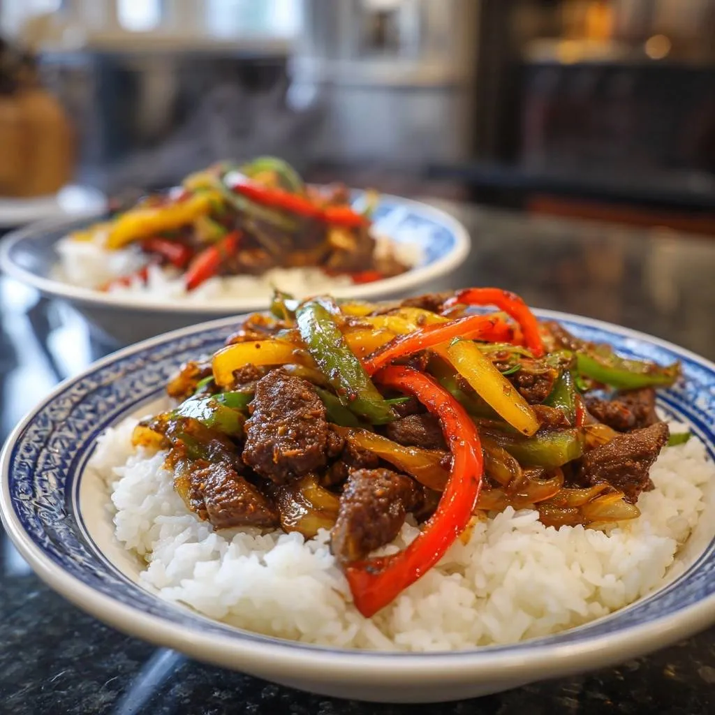 Colorful beef bell pepper stir-fry served in two decorative blue and white bowls over white rice.
