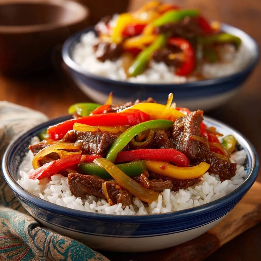 Colorful beef bell pepper stir-fry served in two blue-rimmed bowls filled with white rice, a close-up view.