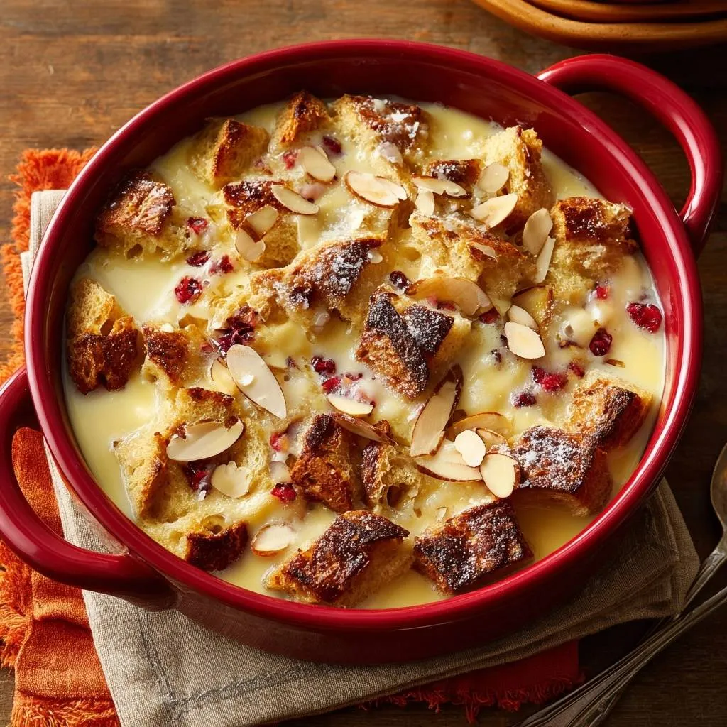 Cranberry almond bread pudding with a close-up view of the toasted bread cubes, almonds, and red berries.