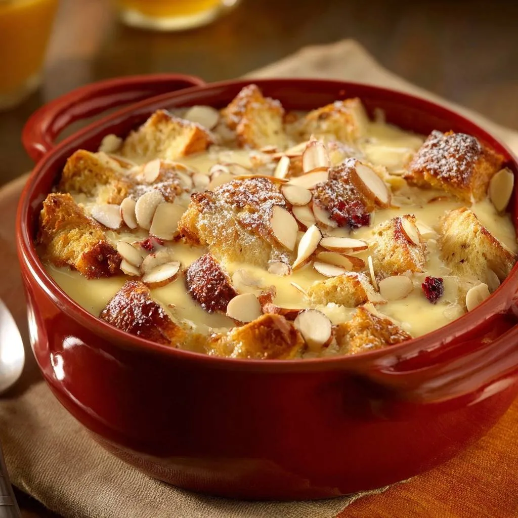 Cranberry almond bread pudding topped with sliced almonds and a dusting of powdered sugar in a rustic red dish.