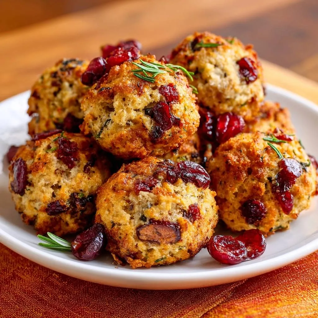 Cranberry dill cheese balls piled high on a white plate, garnished with fresh cranberries and rosemary sprigs.