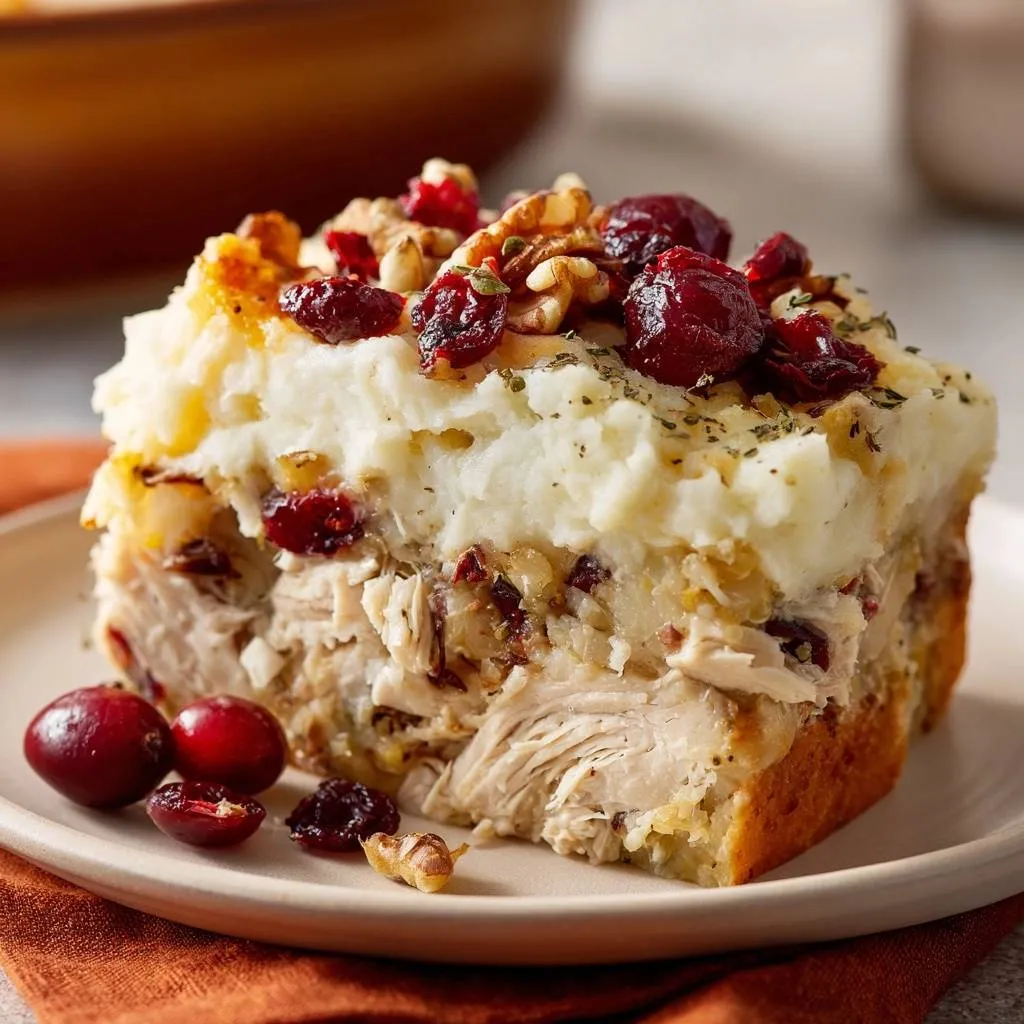 Cranberry walnut chicken cornbread casserole shown as a close-up cross-section with layers of chicken, cornbread, and mashed potato topping.