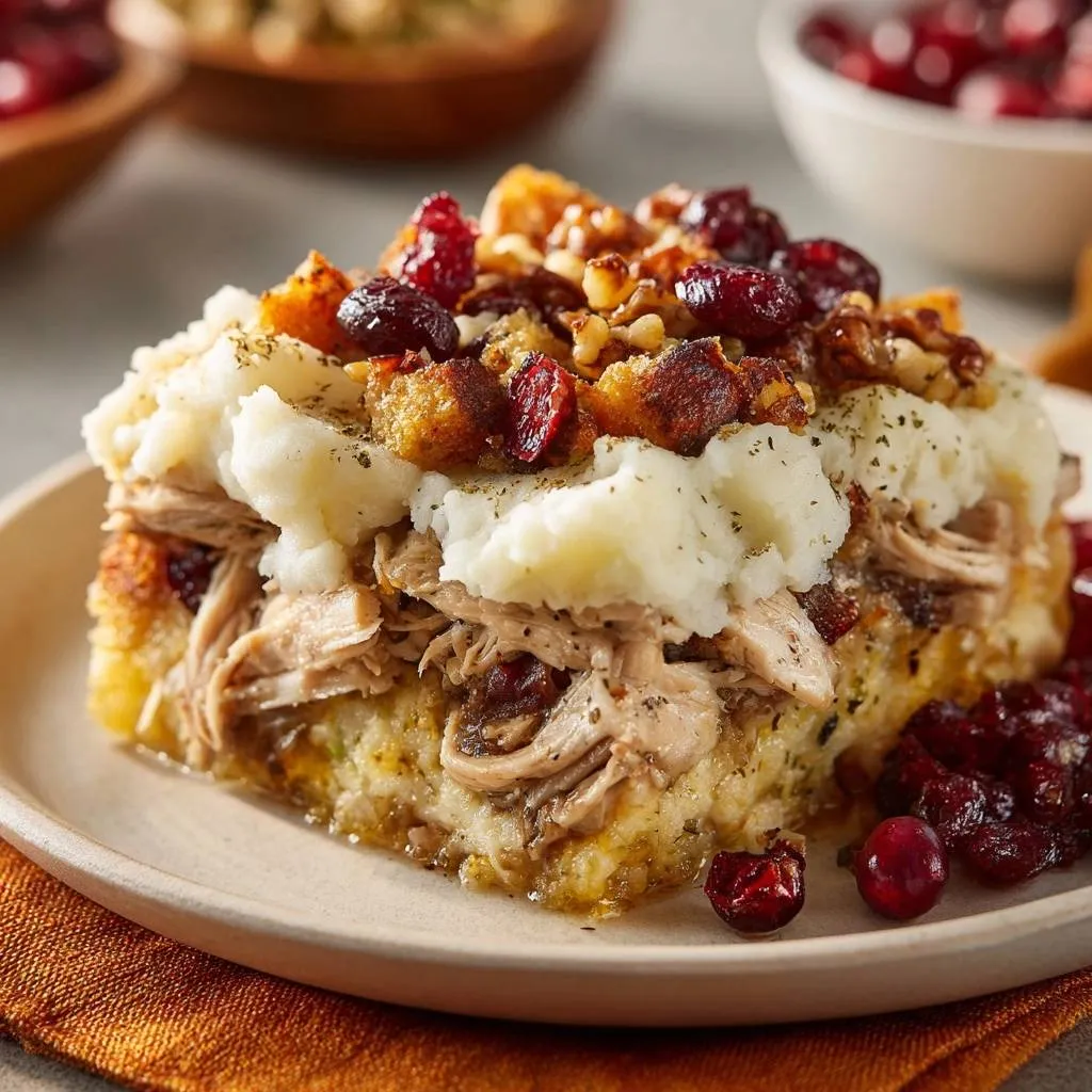 Cranberry Walnut Chicken Cornbread Casserole served as a plated slice, showcasing layers of chicken, stuffing, and mashed potatoes.