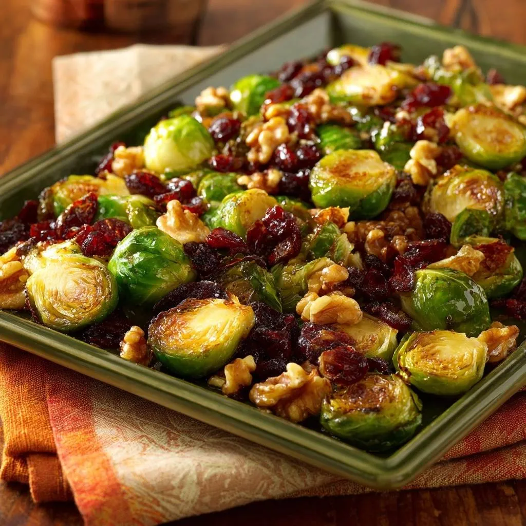 Cranberry walnut roasted brussels sprouts served in a green tray with a close-up view of the roasted vegetables.