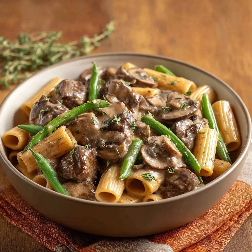 Creamy beef mushroom rigatoni with green beans served in a bowl, showcasing tender beef and pasta texture.