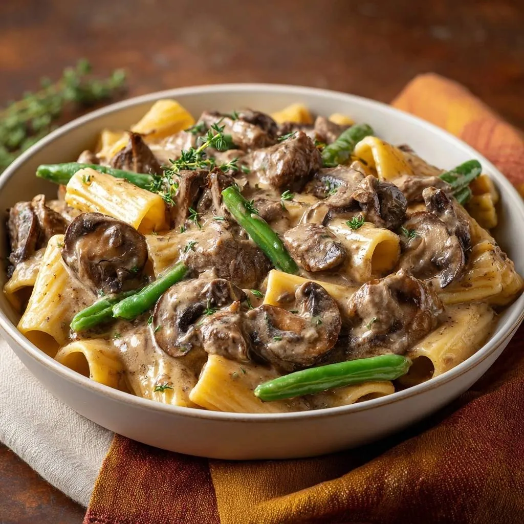 Creamy beef mushroom rigatoni with green beans in a bowl, showcasing a close-up view of the rich sauce and ingredients.