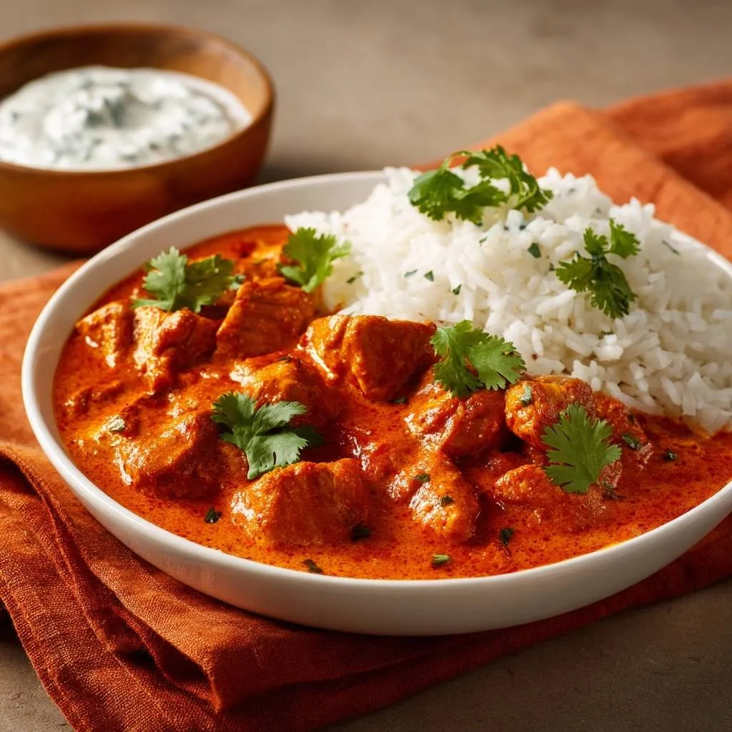 Creamy butter chicken served in a white bowl with basmati rice and a side of raita.