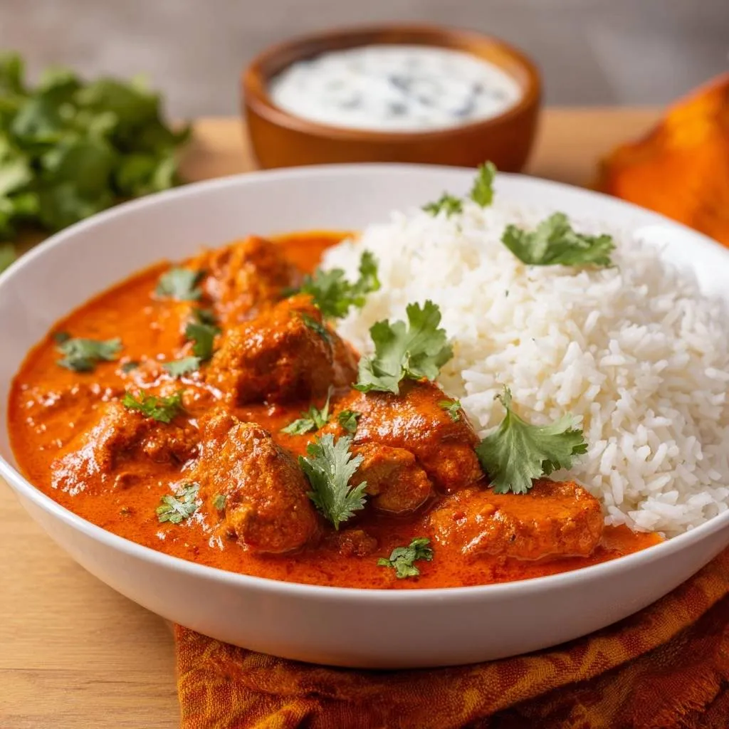 Creamy butter chicken served in a white bowl with basmati rice and garnished with fresh cilantro.