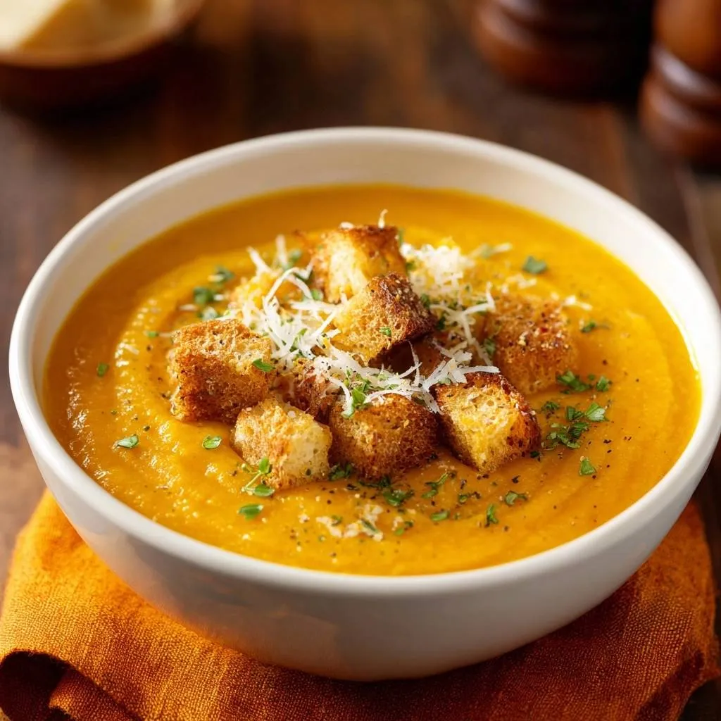 Creamy butternut squash soup garnished with golden croutons and fresh parsley.
