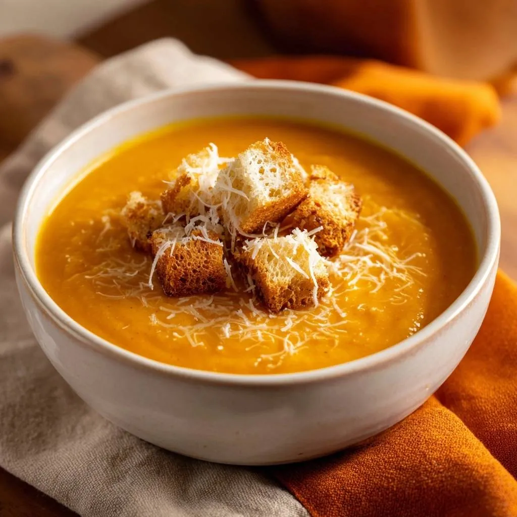 Creamy butternut squash soup garnished with toasted croutons and grated cheese in a white bowl.