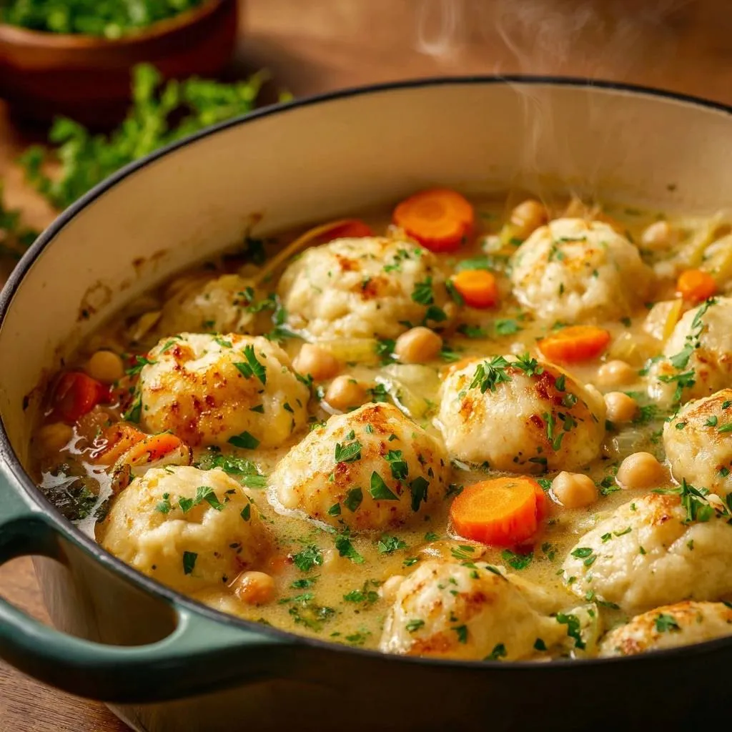 Creamy cauliflower chickpea soup with fluffy dumplings served in a green Dutch oven, close-up view.