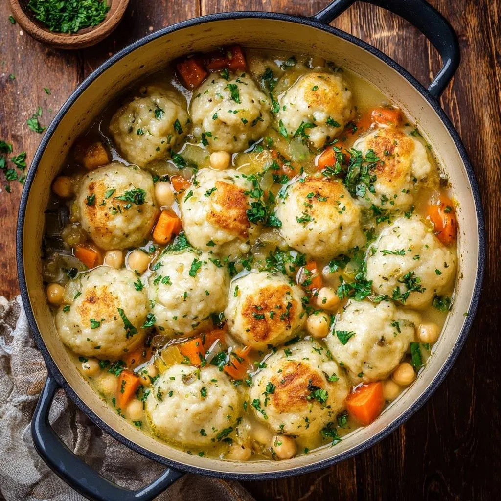Creamy cauliflower chickpea soup with fluffy dumplings shown in an overhead view within a pot.